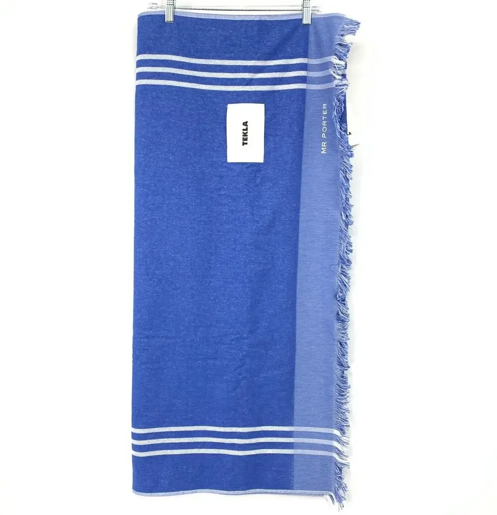 TEKLA x MR PORTER Blue Striped Fringed Beach Towel NWT Embroidered Exclusive